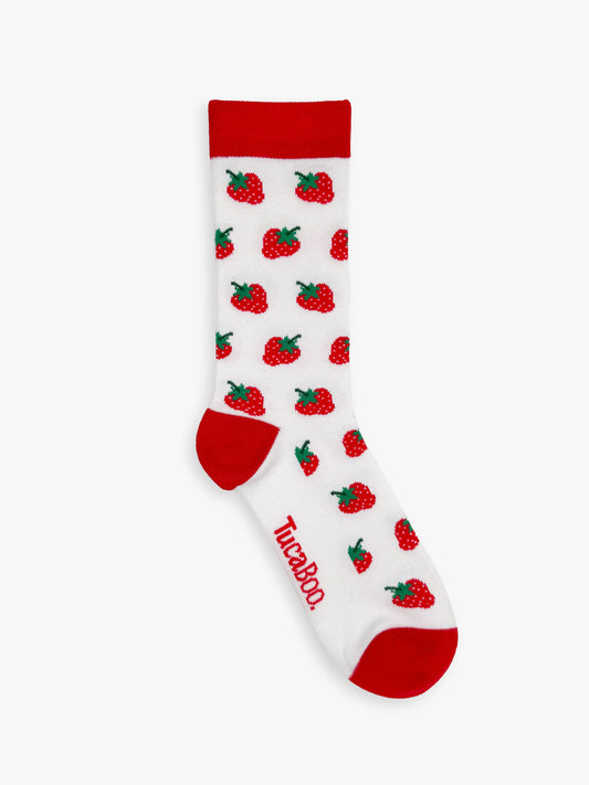 White women's strawberry socks with a red cuff, heel and toe