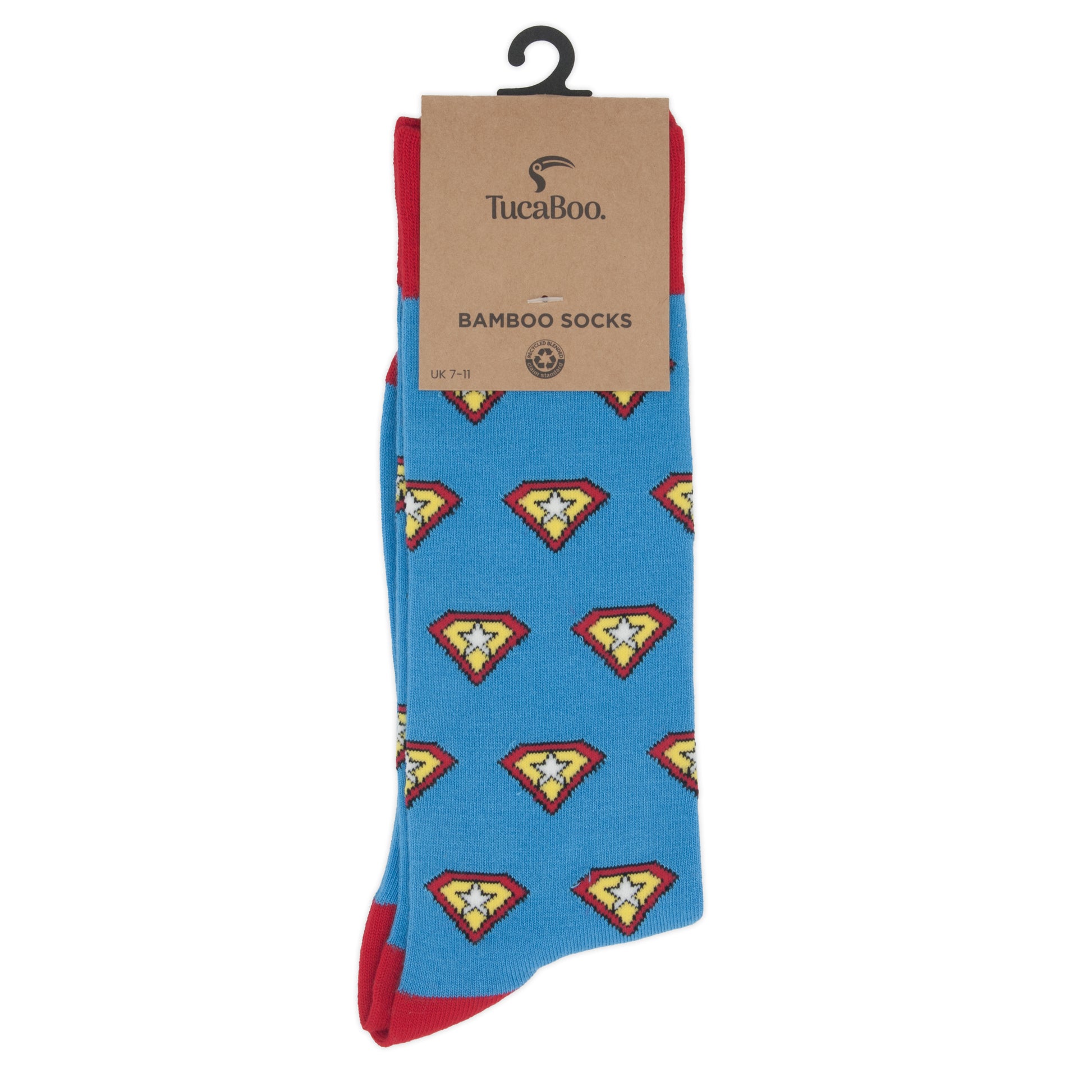 A pair of men's light blue bamboo socks with a bold superhero motif, packaged with a 'TucaBoo Bamboo Socks' label.