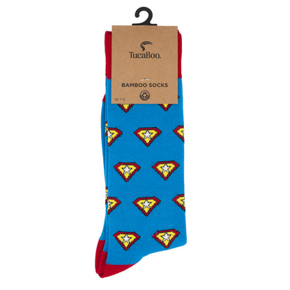 Blue superhero socks in TucaBoo kraft card packaging