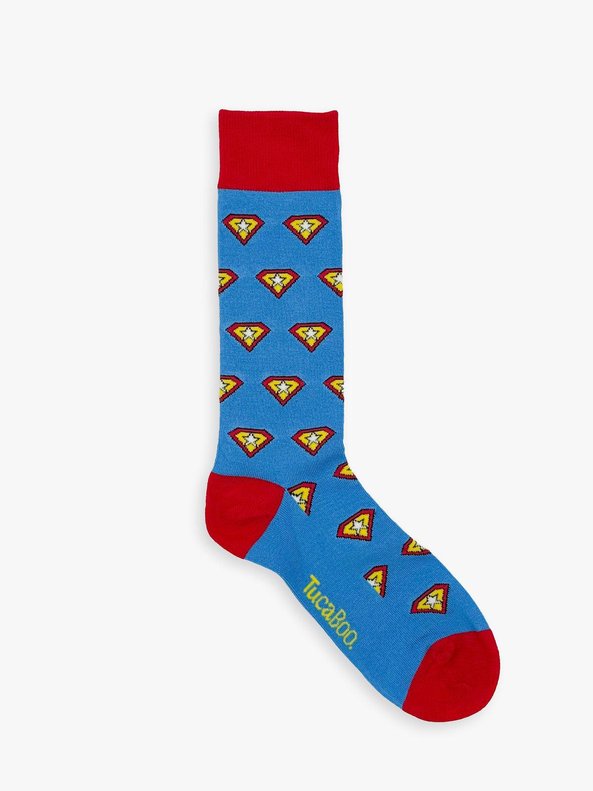 Blue men's superhero socks with red and yellow shields and a red heel