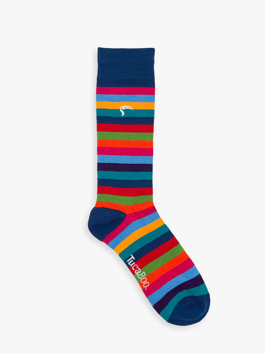 Multicoloured striped men's bamboo socks with a navy cuff, heel and toe