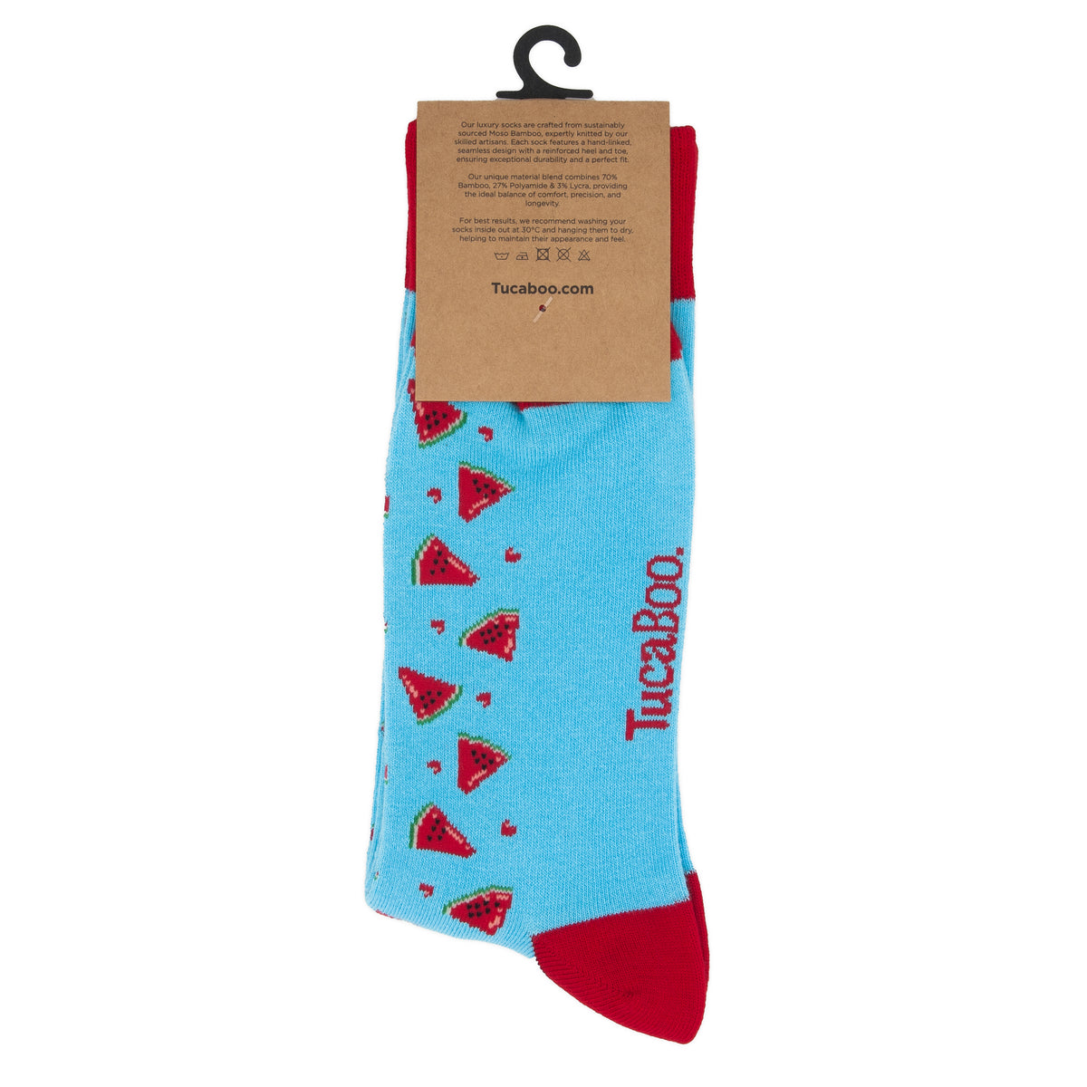 Back of the TucaBoo packaging on light blue watermelon socks