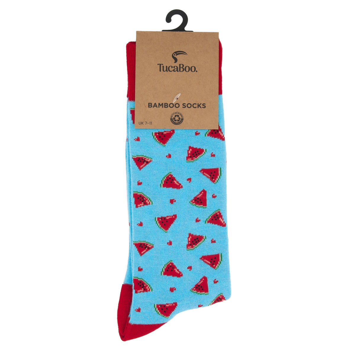Watermelon socks in TucaBoo kraft card packaging