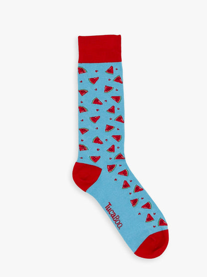 Light blue men's watermelon socks with a red cuff and toe