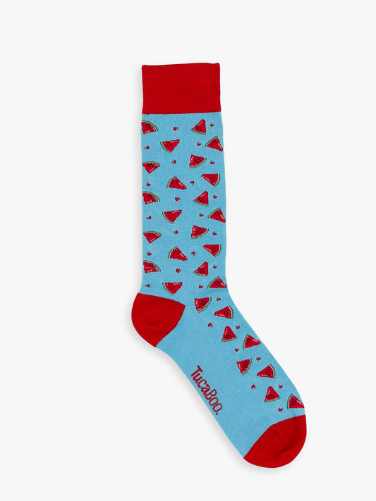 Light blue men's watermelon socks with a red cuff and toe