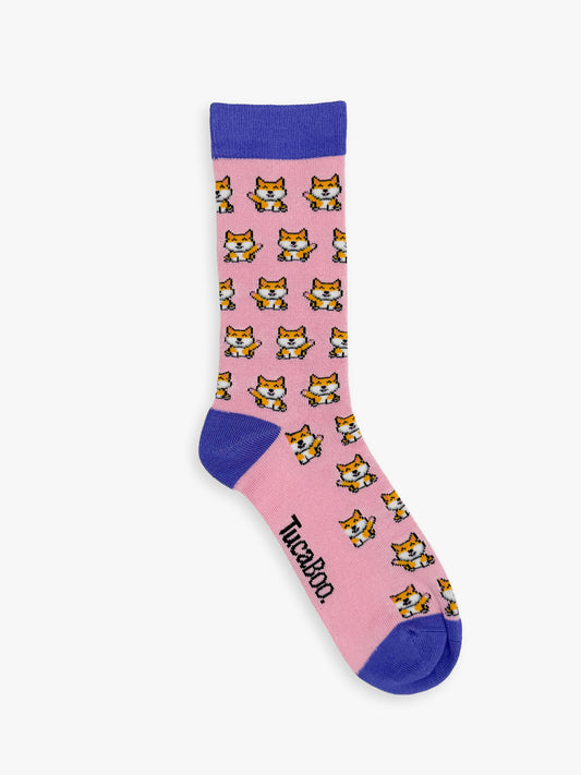 Pink women's Shiba Inu socks with a purple cuff, heel and toe